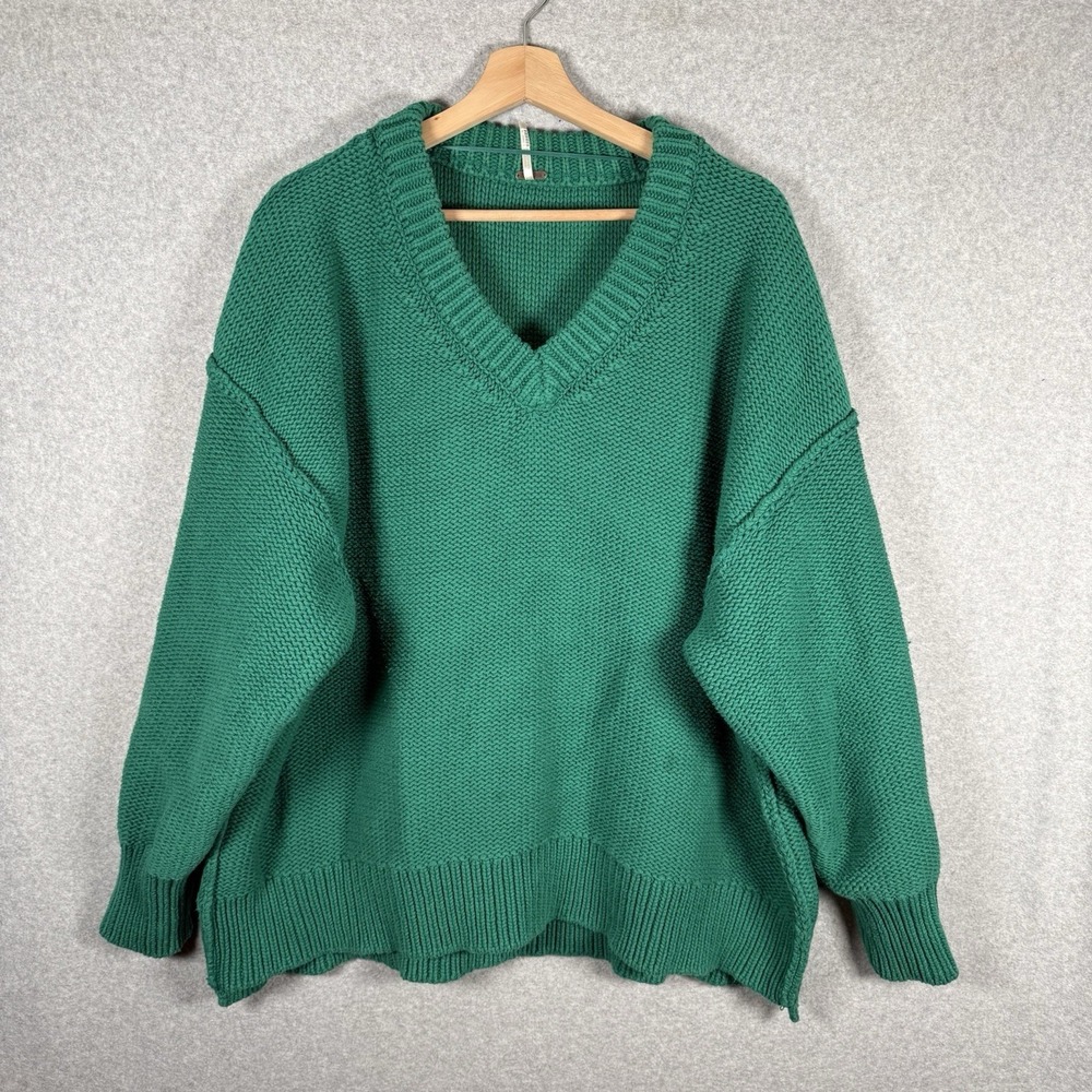 Free People Green V Neck Oversized Fit Alli Sweater Pullover Size M